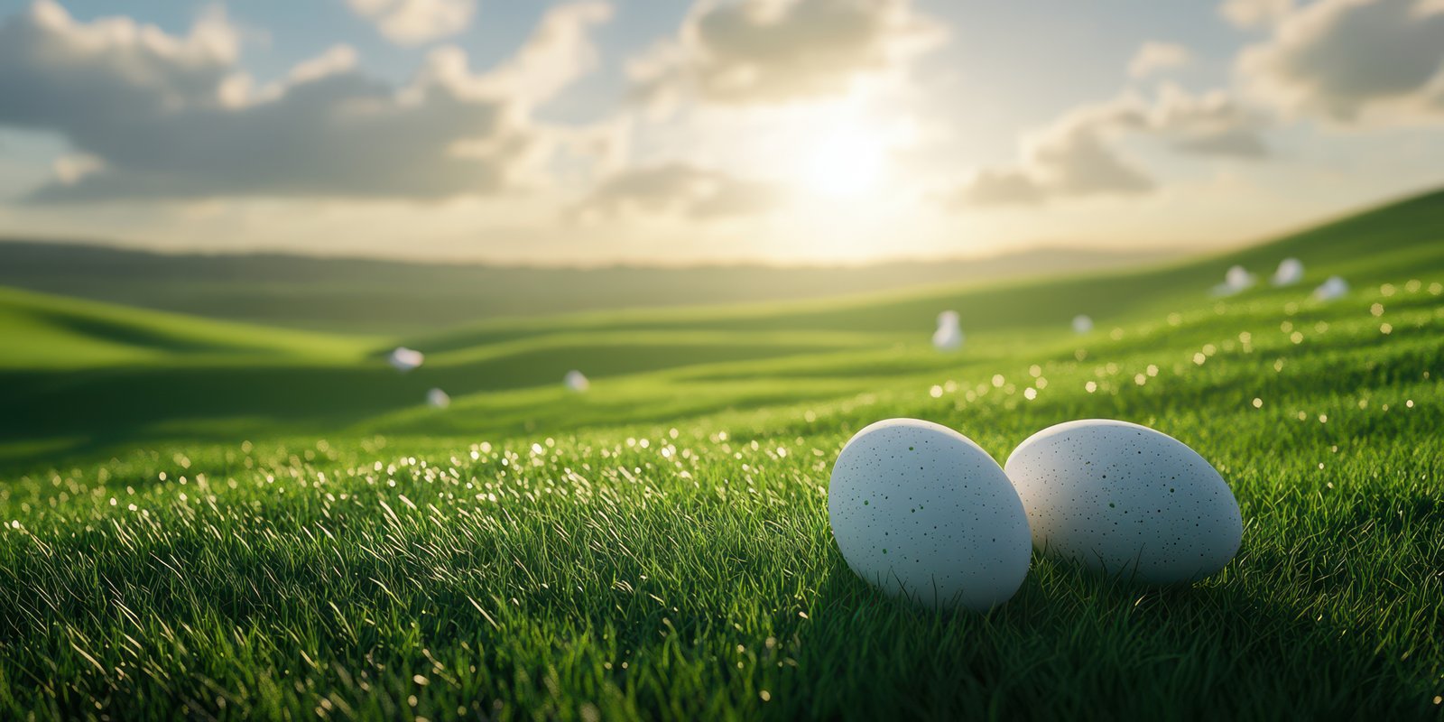 Beautiful serene landscape with two eggs resting on lush green grass at sunrise in a tranquil setting